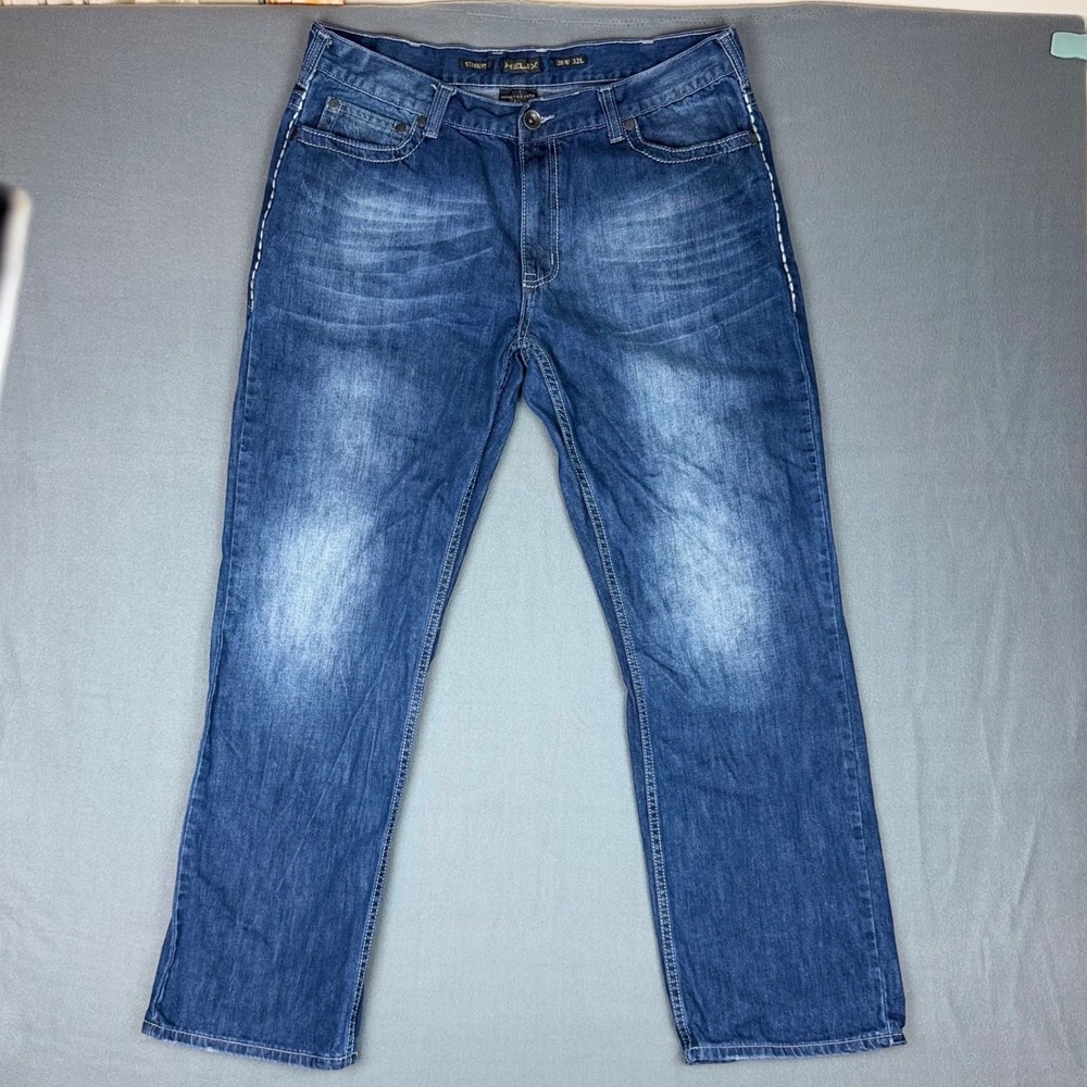 Helix Straight Leg Jeans‎ Mens 38x32 Blue Medium Wash Contrast Stitch Cotton